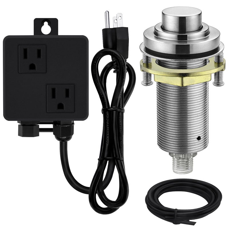 SINKINGDOM SinkTop Air Switch Kit (Long Full Brass Button) for Disposal, Dual Outlet, (Brushed Nickel) - Image 1